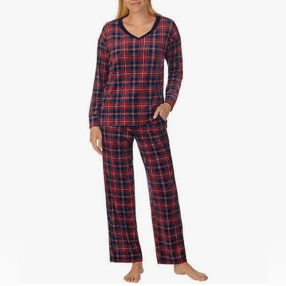 Nautica Red and Navy Plaid V-Neck Long-Sleeve Pajama Set